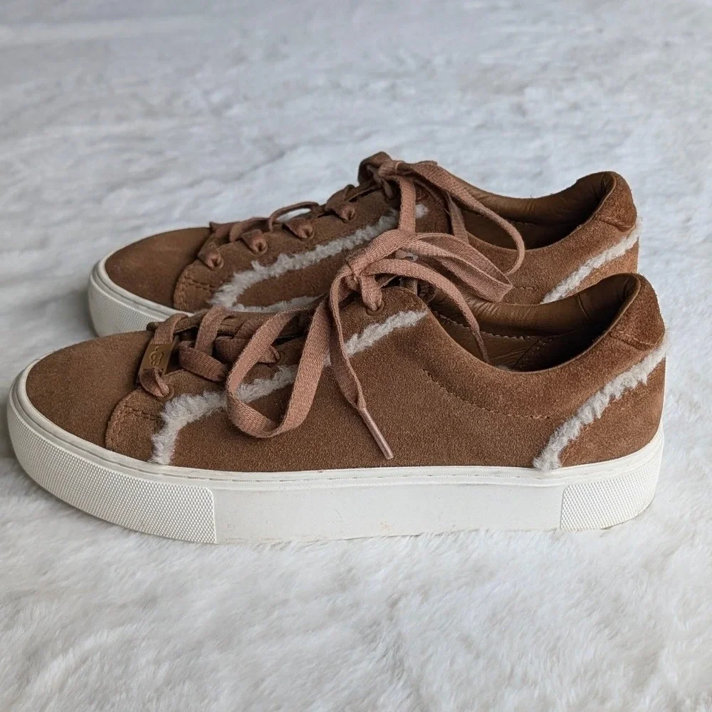 UGG Jass Suede Shearling Platform Sneakers Chestnut Brown Women 7